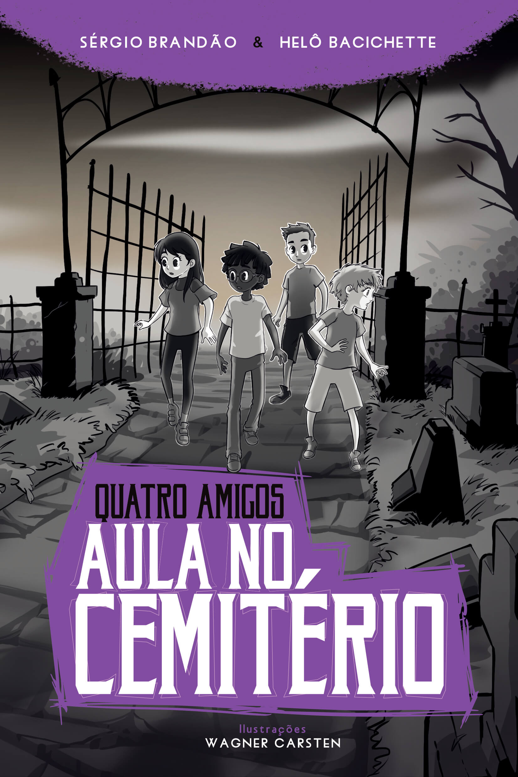 Capa de livro com ilustração de quatro crianças entrando em um cemitério