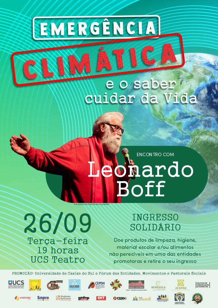 Cartaz palestra com Leonardo Boff em Caxias do Sul, RS