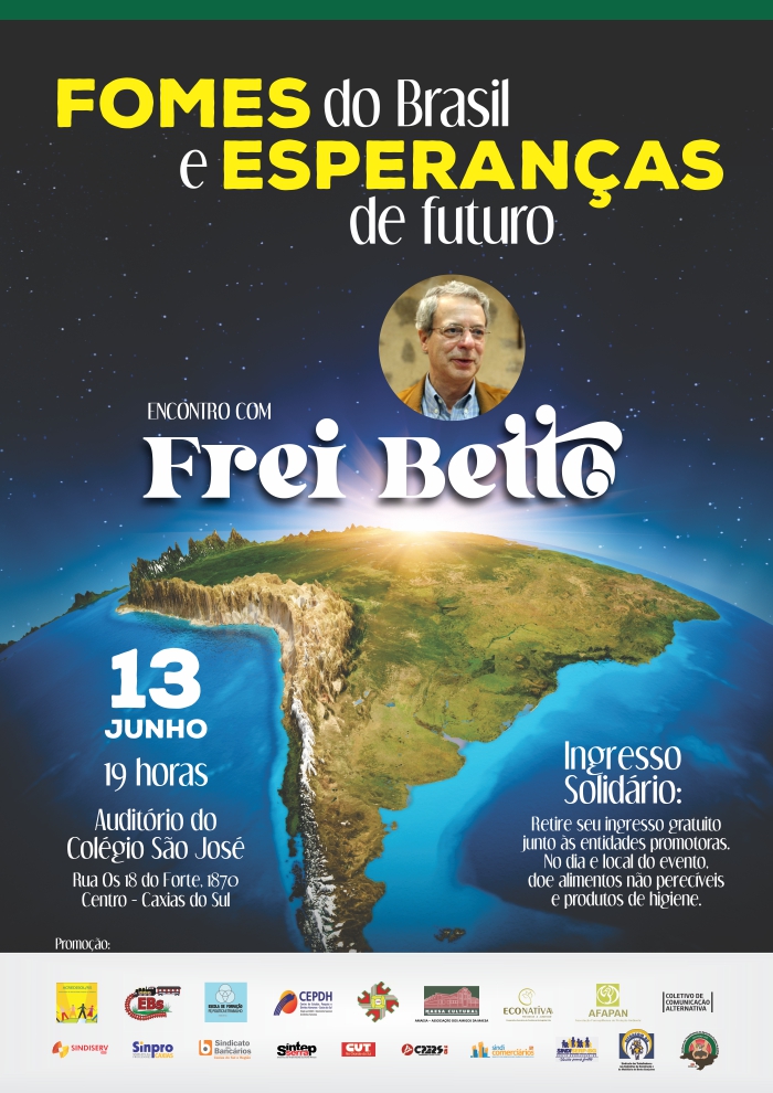 Cartaz da palestra de Frei Betto em Caxias no dia 13 de junho de 2023