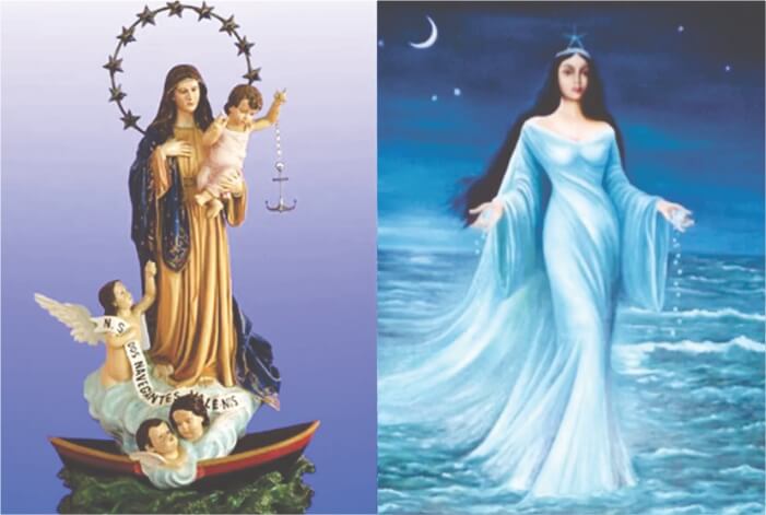 Na esquerda, Nossa Senhora dos Navegantes rodeada de crianças. Na direita, Iemanjá sobre o mar.