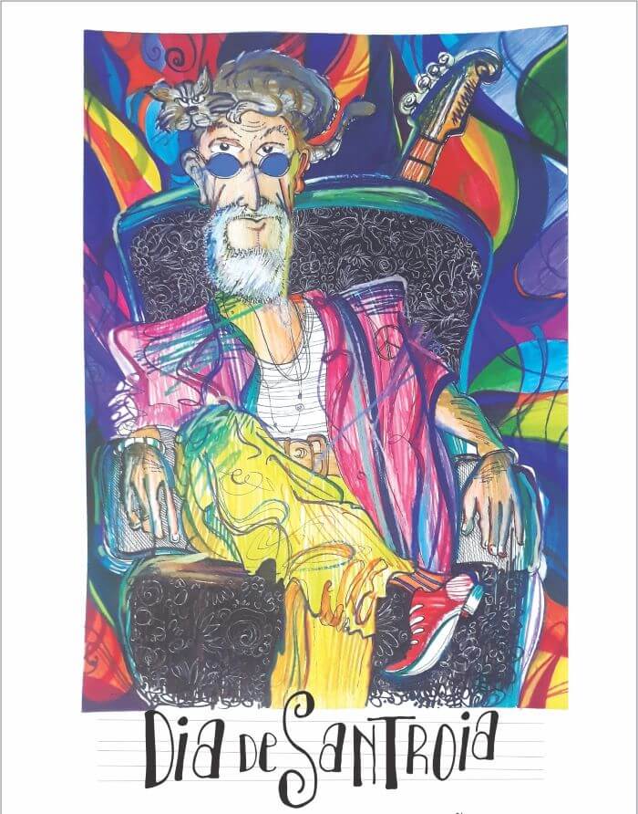 Arte de Claudio Troian sentado em poltrona e vestindo roupas coloridas