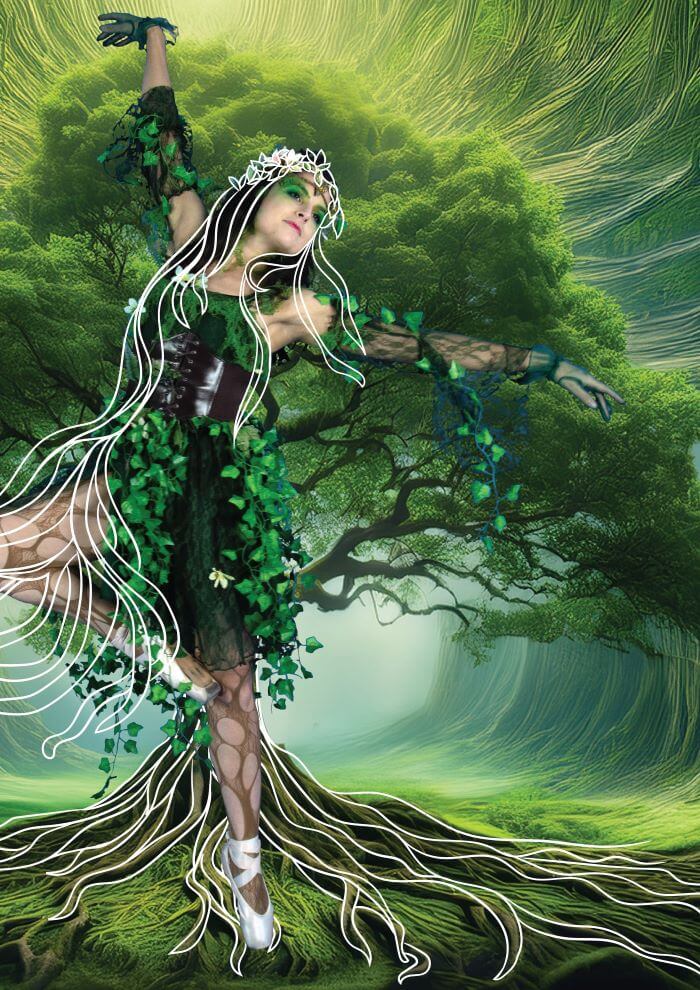 Arte de atriz em floresta