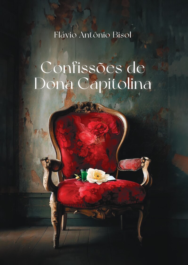Capa de Confissões de Dona Capitolina, mostrando uma flor branca em cima de uma poltrona vermelha