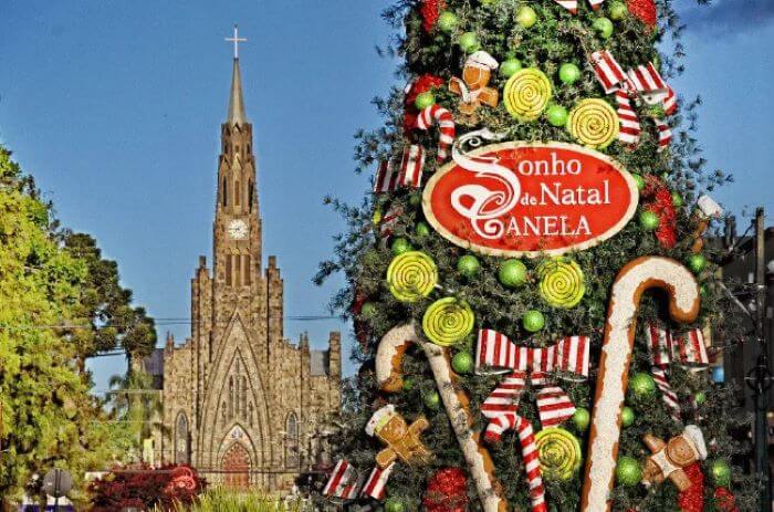 Árvore de natal com catedral ao fundo